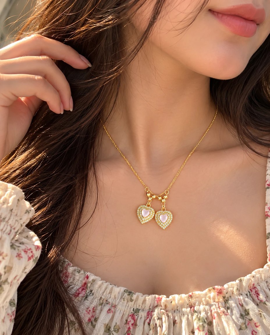 Double Pink Heart Crystal Pendant